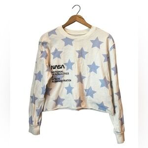 Mighty‎ Fine NASA Cropped Shirt Long Sleeve Stars Space Womens L Cream Baby Blue